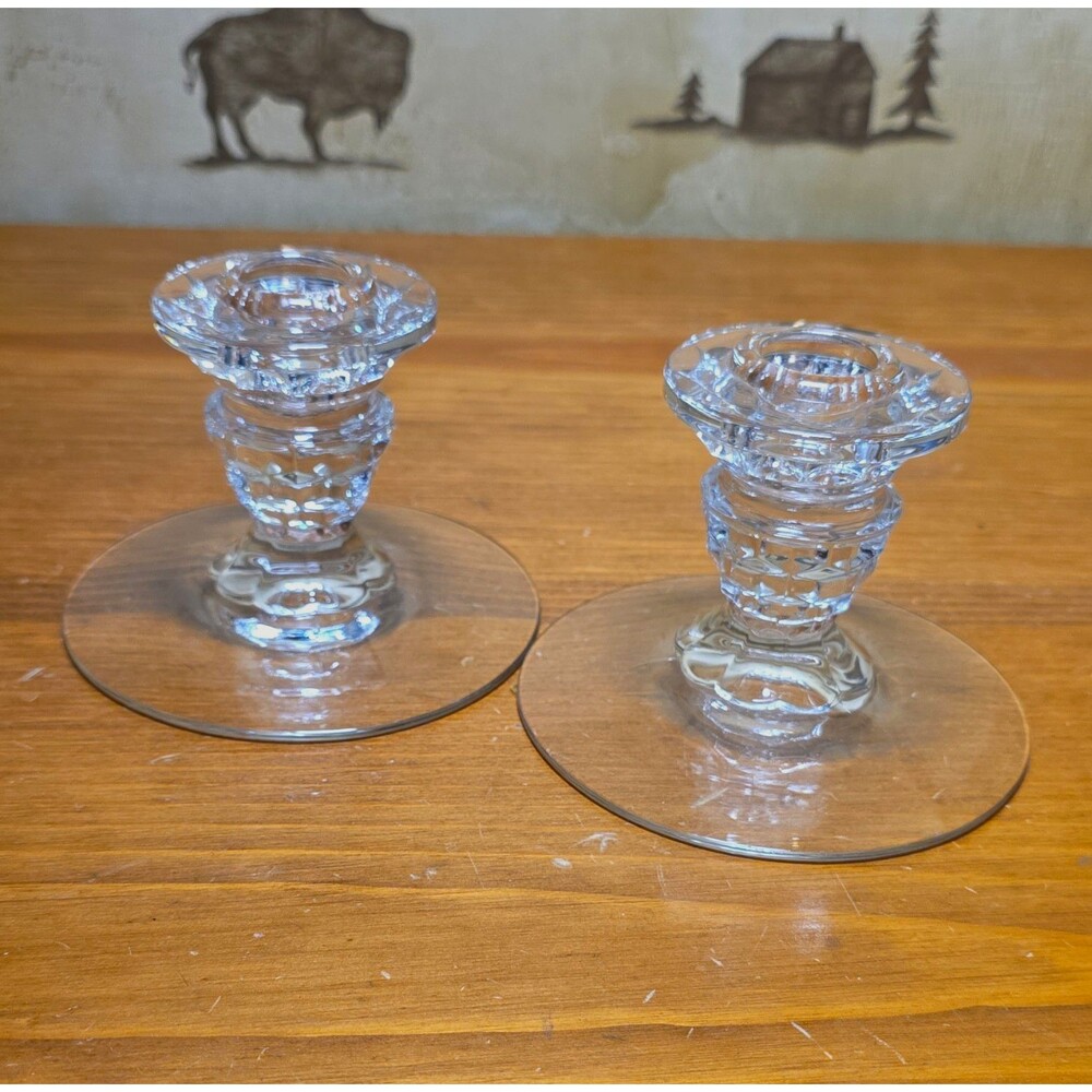 2 Clear Glass Taper/Dinner Candle Holders Vintage Geometric Round Base 3 in